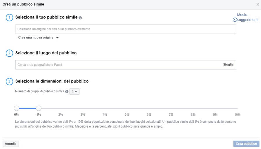 crea pubblico simile Facebook Audience